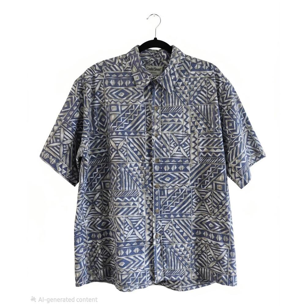 Cooke Street Hawaiian Shirt Mens 2XL Blue Geometric Aloha Made in Hawaii USA